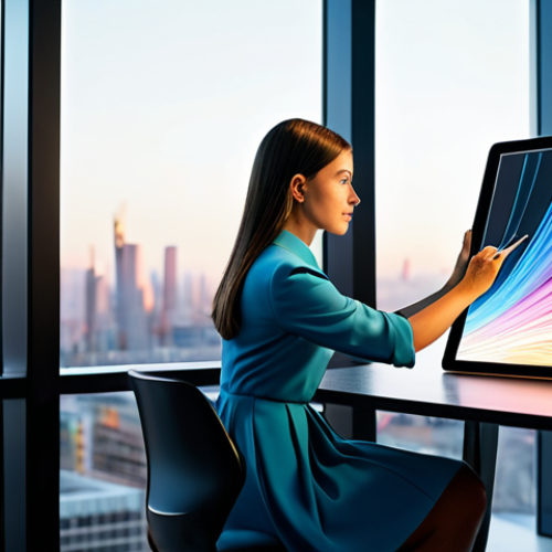 A young professional artist in modest, stylish, professional dress, sitting at a modern desk, passionately creating vibrant digital art on a large, glowing tablet screen. The screen subtly displays abstract, colorful patterns or a stylized avatar, symbolizing boundless creativity. The setting is a sleek, contemporary studio space with soft ambient lighting and a blurred city skyline seen through a large window. Medium shot, high-resolution, professional photography, natural pose, perfect anatomy, correct proportions, well-formed hands, proper finger count, natural body proportions, fully clothed, appropriate attire, safe for work, appropriate content, professional, family-friendly.