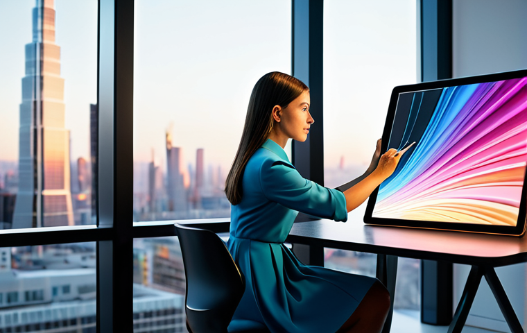 A young professional artist in modest, stylish, professional dress, sitting at a modern desk, passionately creating vibrant digital art on a large, glowing tablet screen. The screen subtly displays abstract, colorful patterns or a stylized avatar, symbolizing boundless creativity. The setting is a sleek, contemporary studio space with soft ambient lighting and a blurred city skyline seen through a large window. Medium shot, high-resolution, professional photography, natural pose, perfect anatomy, correct proportions, well-formed hands, proper finger count, natural body proportions, fully clothed, appropriate attire, safe for work, appropriate content, professional, family-friendly.